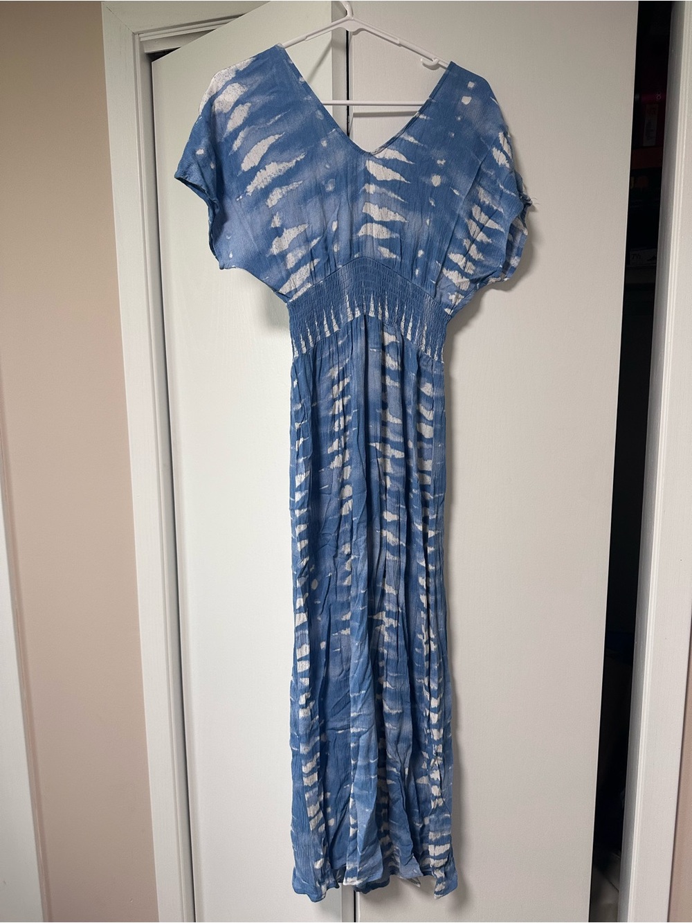 Blue Tie-Dye V‑Neck Maxi Dress with Smocked Waist